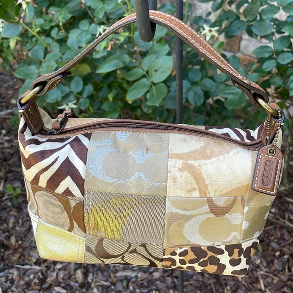 Authentic Tan Brown Animal Cheetah Print Canvas Leather Coach Mini Bag Purse - Picture 2 of 13